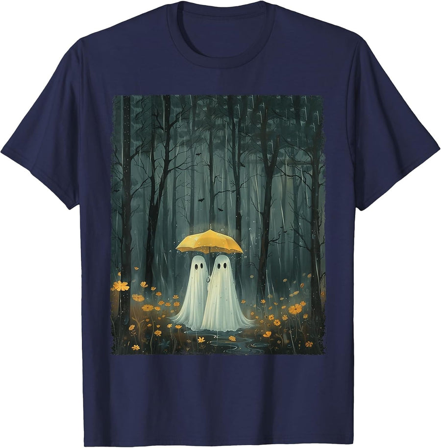 Floral Ghost Holds Umbrella Couple Spooky Season Women Men T-Shirt - Navy Blue