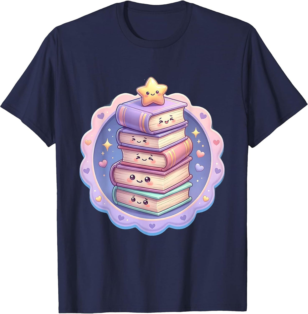 Reading Teacher Book Tower Illustration T-Shirt - Navy Blue