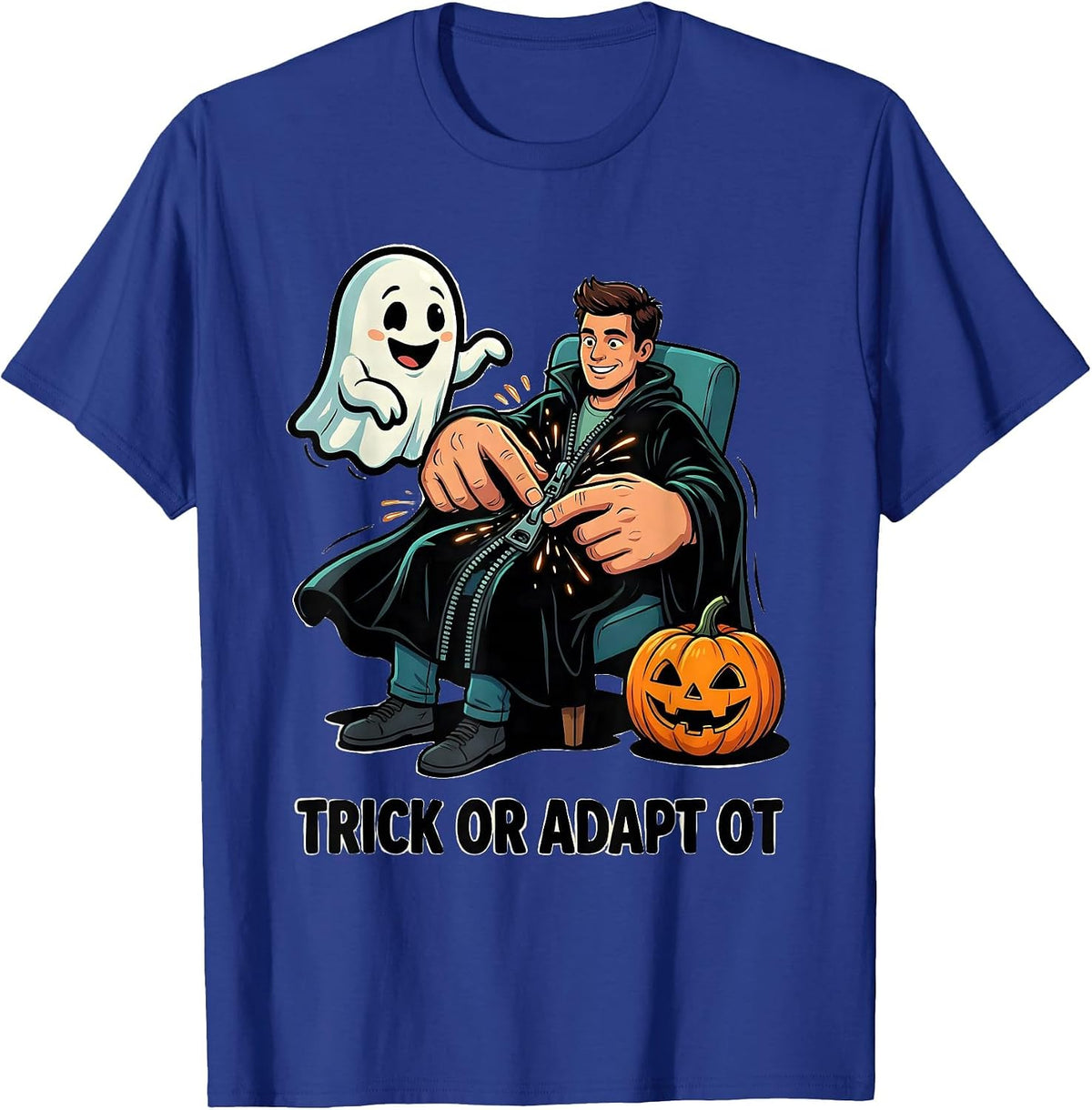 Trick Or Adapt OT Cartoon Ghost Physical Therapy Halloween T-Shirt - Royal Blue