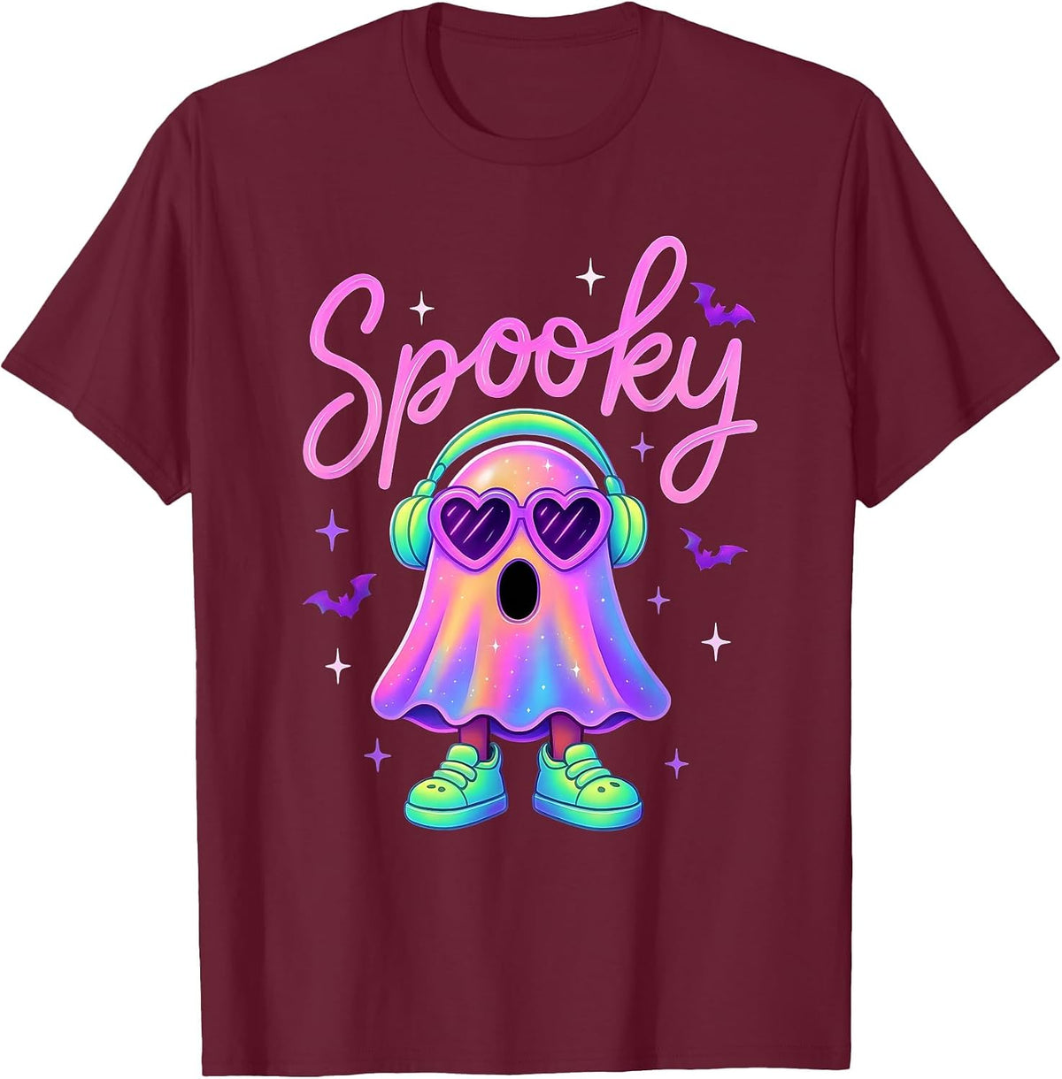 Cute Neon-Style Ghost Halloween Funny Spooky Season T-Shirt - Burgundy