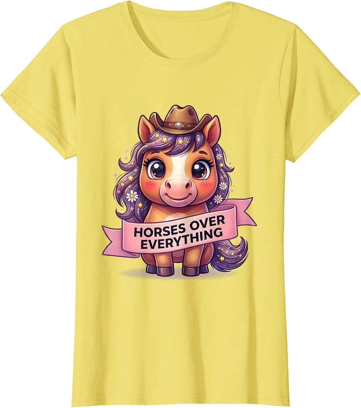 Horses Over Everything Cowgirl Design T-Shirt - Lemon Yellow