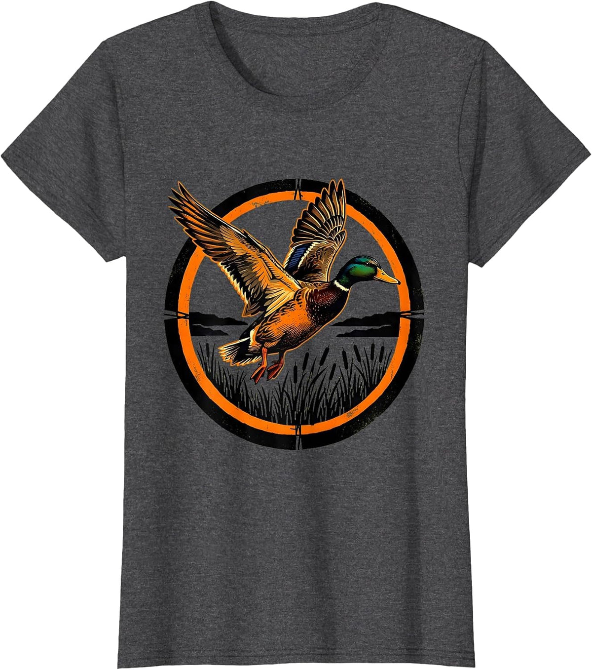 Women's Camo Duck Flying Over Marsh Reeds Illustration T-Shirt - Dark Heather Grey