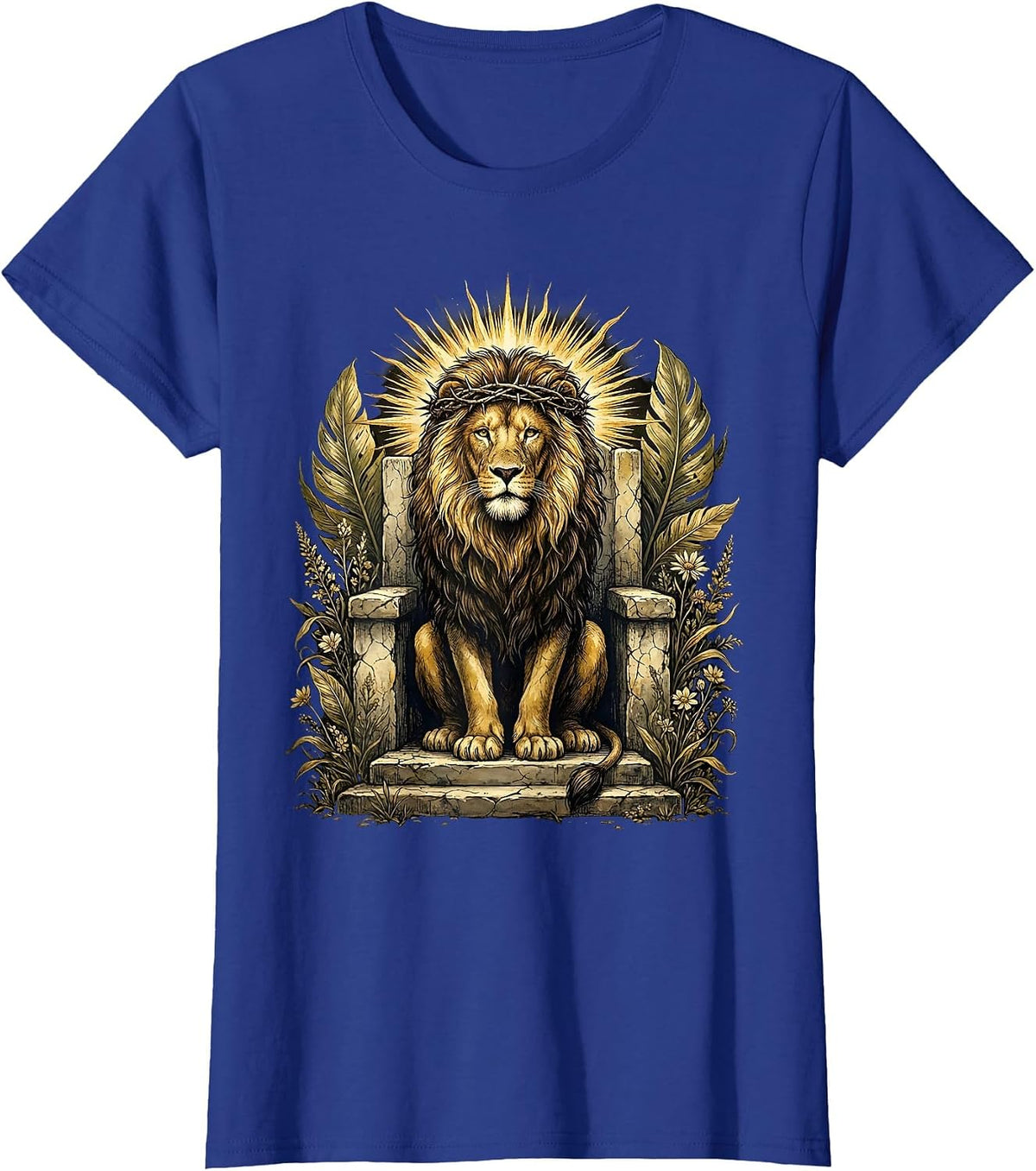 Women's Christ Is King Lion Thorned Crown Throne Design T-Shirt - Royal Blue
