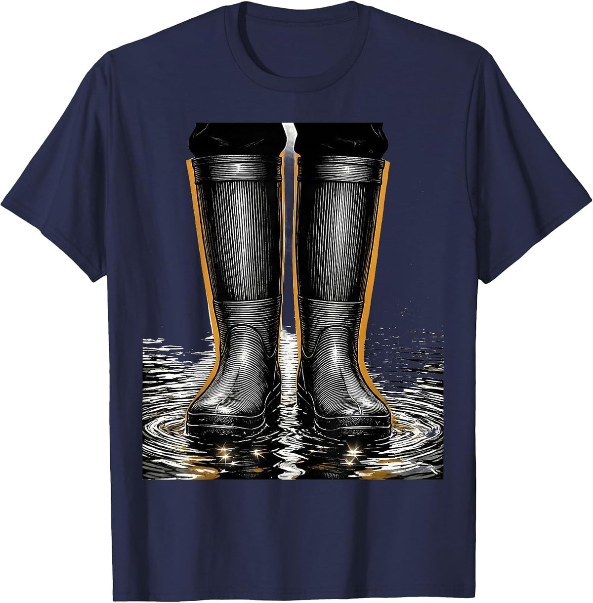Rubber Boots in the River Fishing Illustration T-Shirt - Navy Blue