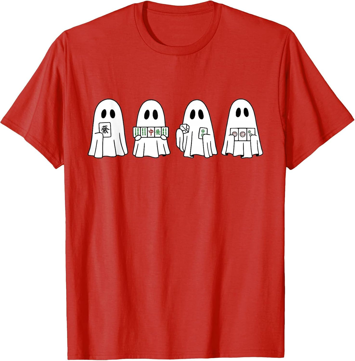 Halloween Ghost Playing Mahjong Spooky Season Game Day Fall T-Shirt - Red