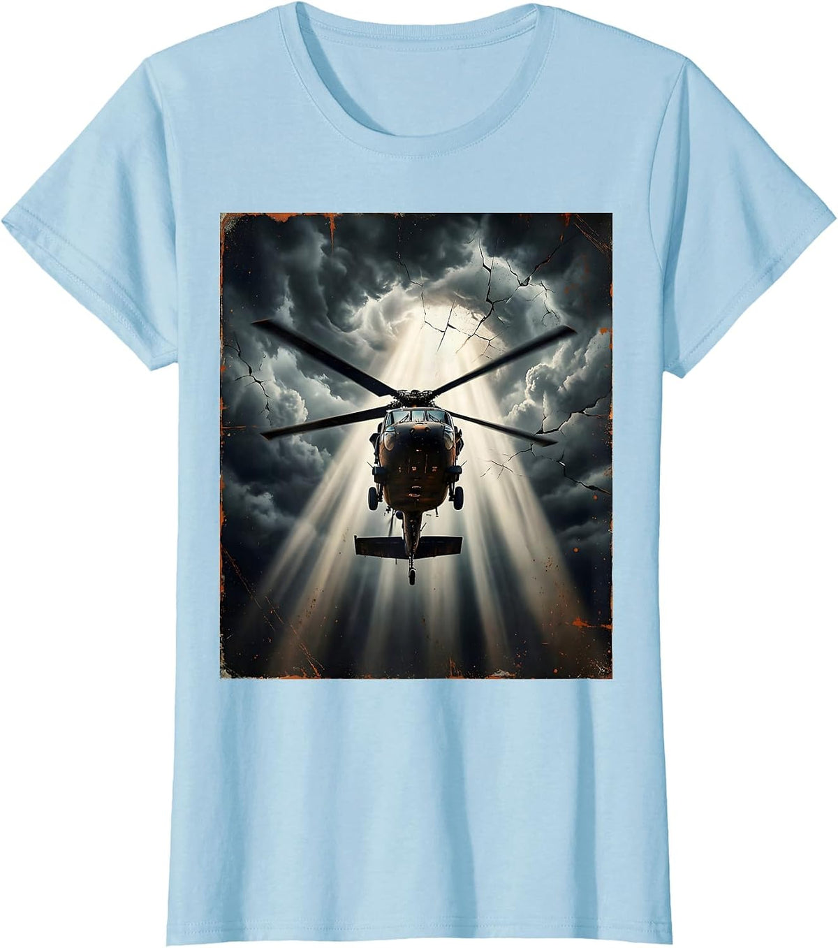 Women's Helicopter Spotlight Through Dark Stormy Clouds T-Shirt - Baby Blue