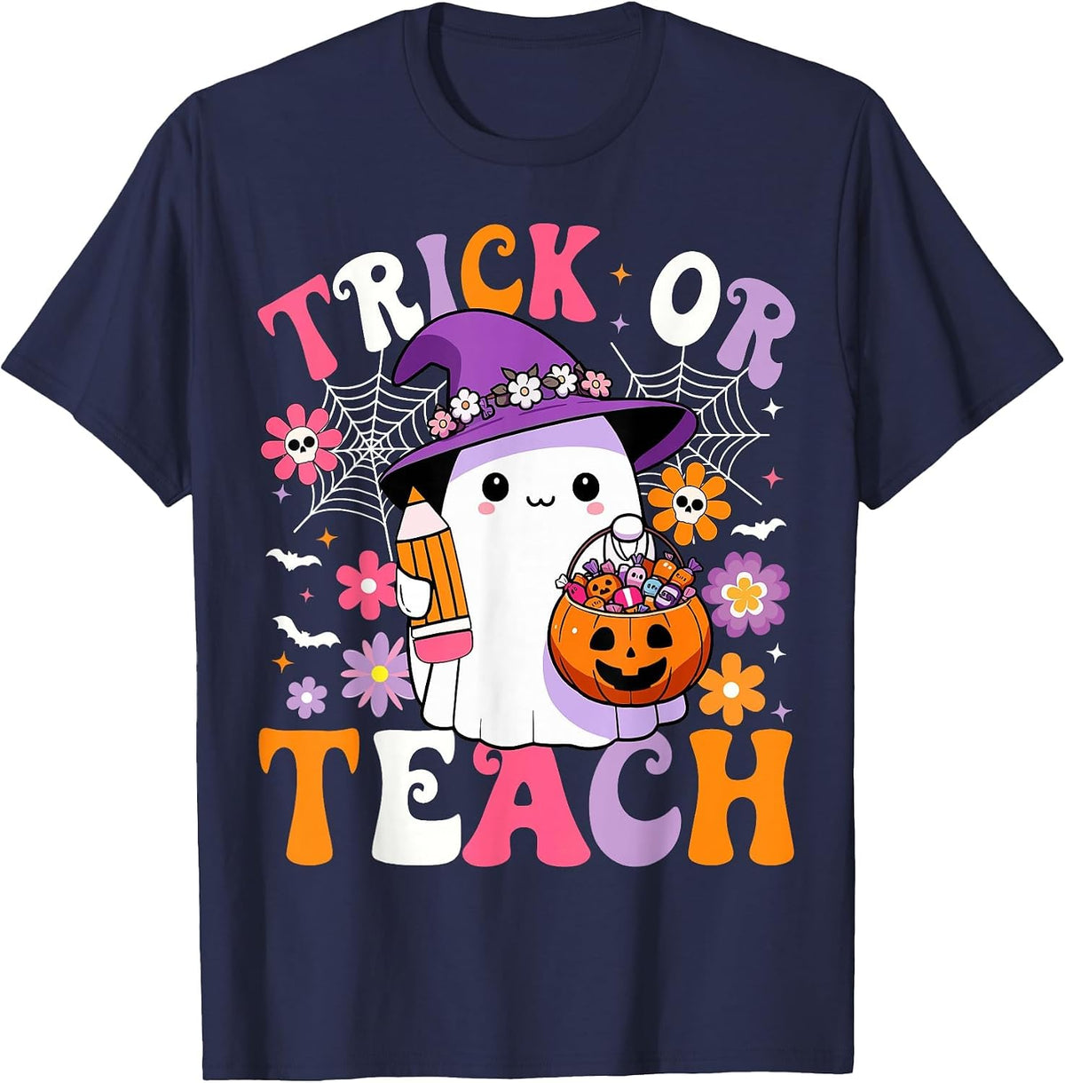 Trick Or Teach Teacher Groovy Ghost Funny Halloween Teacher T-Shirt - Navy Blue