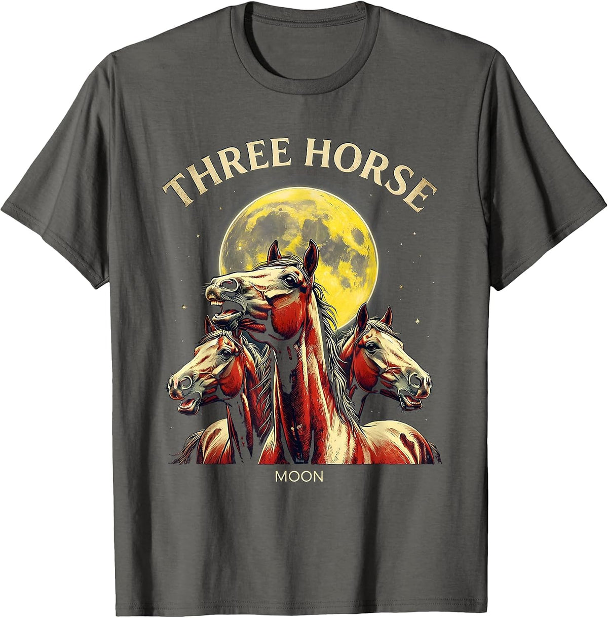 Three Horse Moon Pulp Cover Equestrian Meme Parody T-Shirt - Asphalt Grey