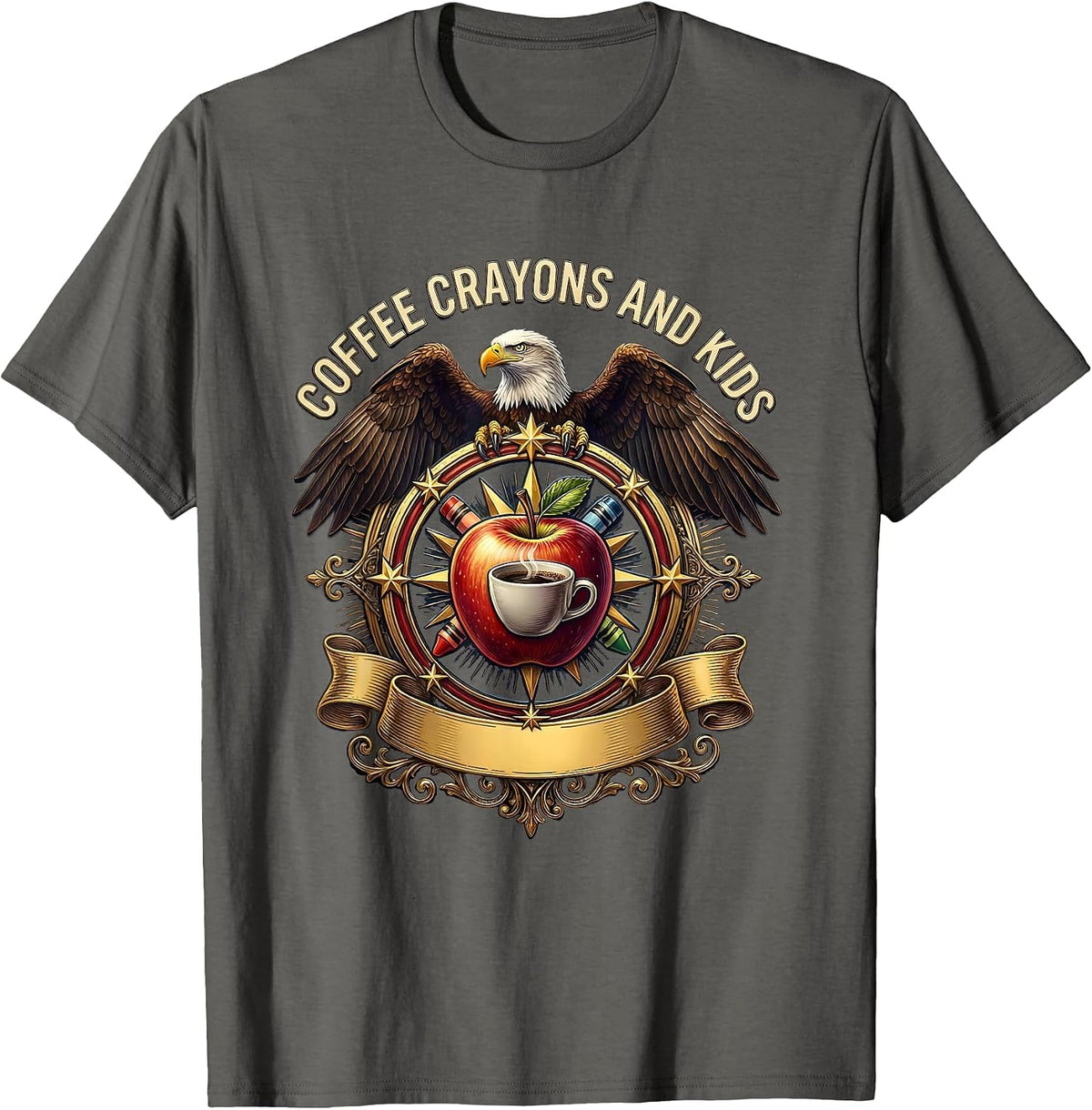 Coffee Crayons And Kids Elementary Teacher Design T-Shirt - Asphalt Grey
