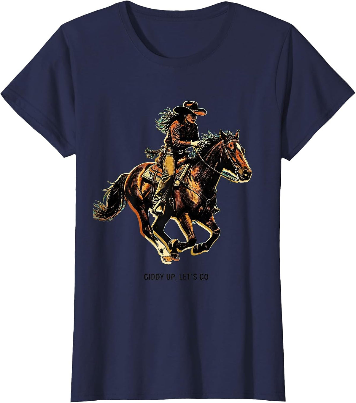 Women's Giddy Up Lets Go Cowgirl Western Design T-Shirt - Navy Blue