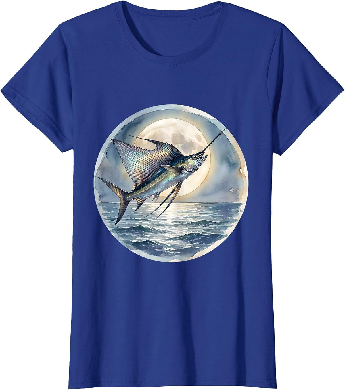 Women's Flying Fish Moonlit Gulf of Mexico Illustration T-Shirt - Royal Blue