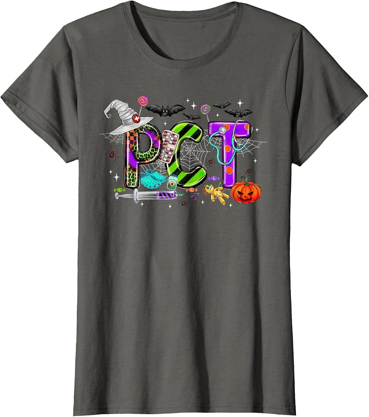 Retro PCT Patient Care Technician Halloween Spooky Season T-Shirt - Asphalt Grey