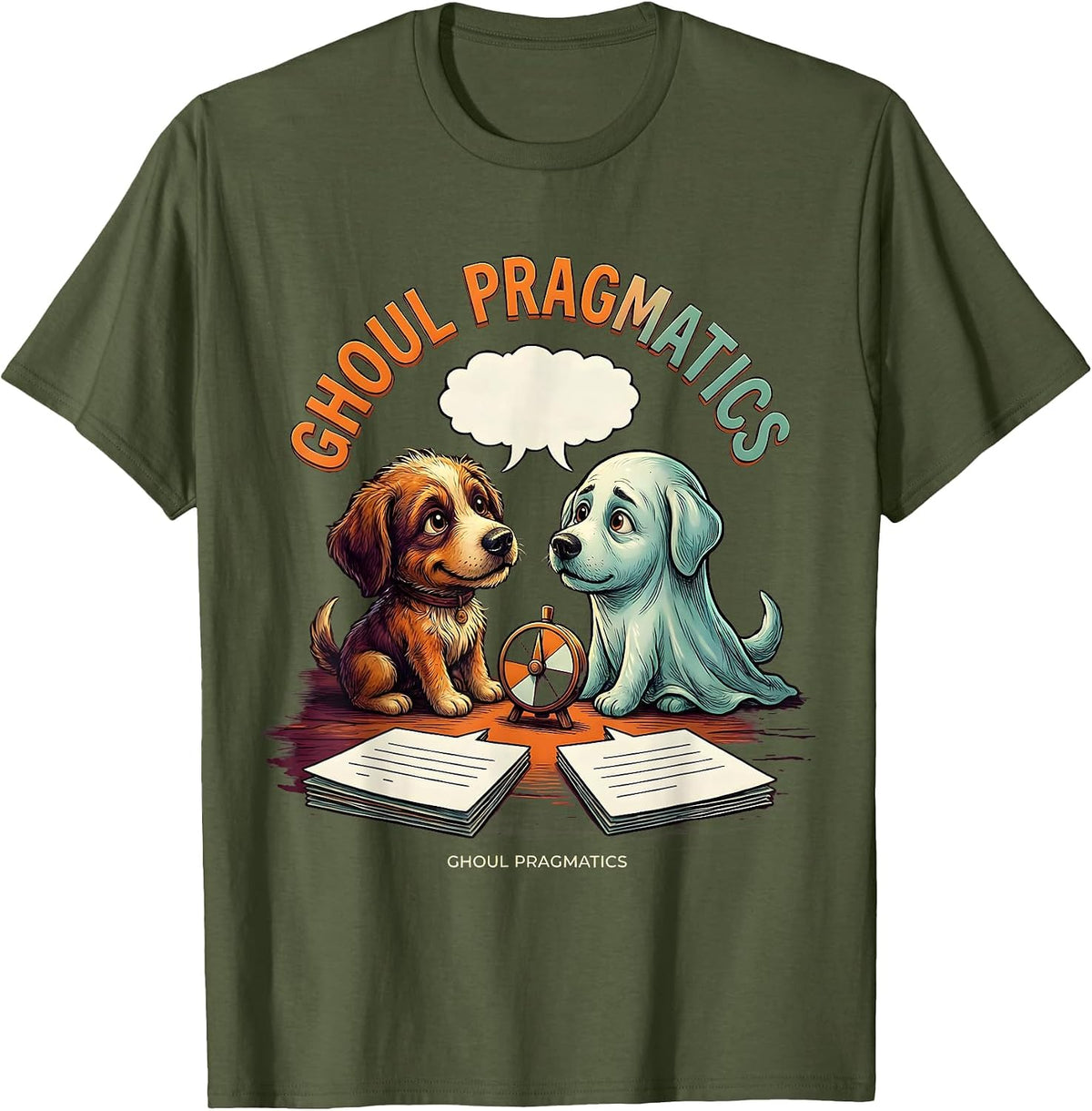 Men's Ghoul Pragmatics Funny Speech Therapy SLP Halloween Humor T-Shirt - Olive Green