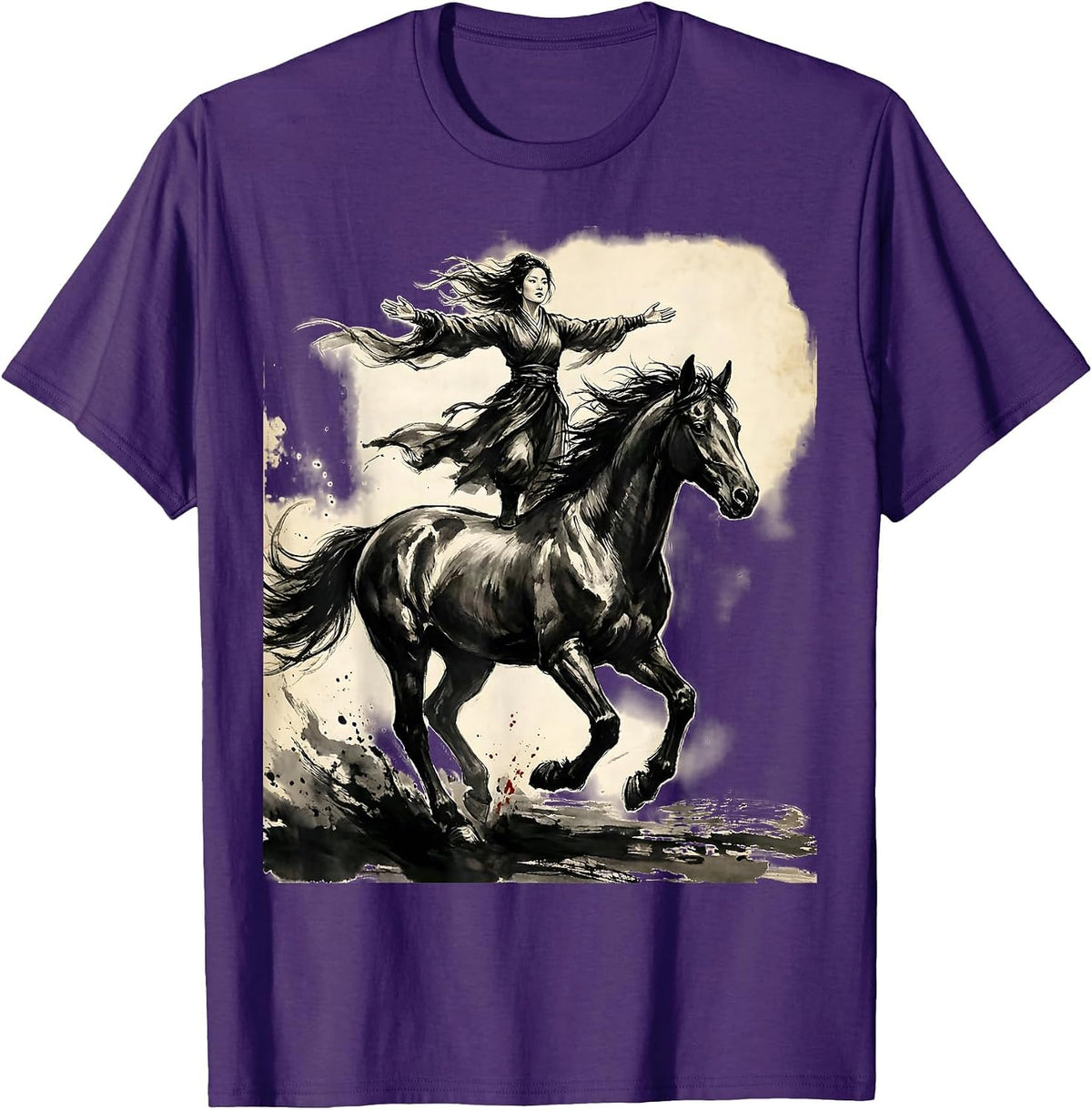 Girl Standing on Horse Back Equestrian Art T-Shirt - Purple