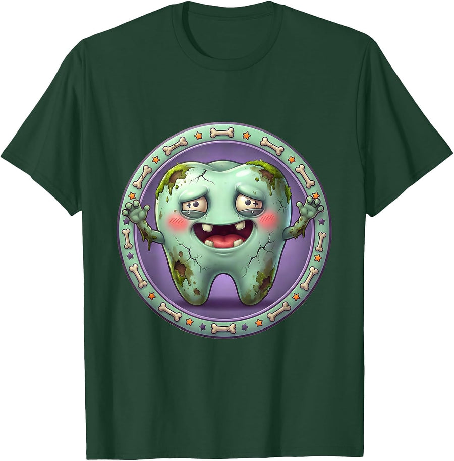 Men's Zombie Rotting Teeth Grin Dental Halloween T-Shirt - Dark Green