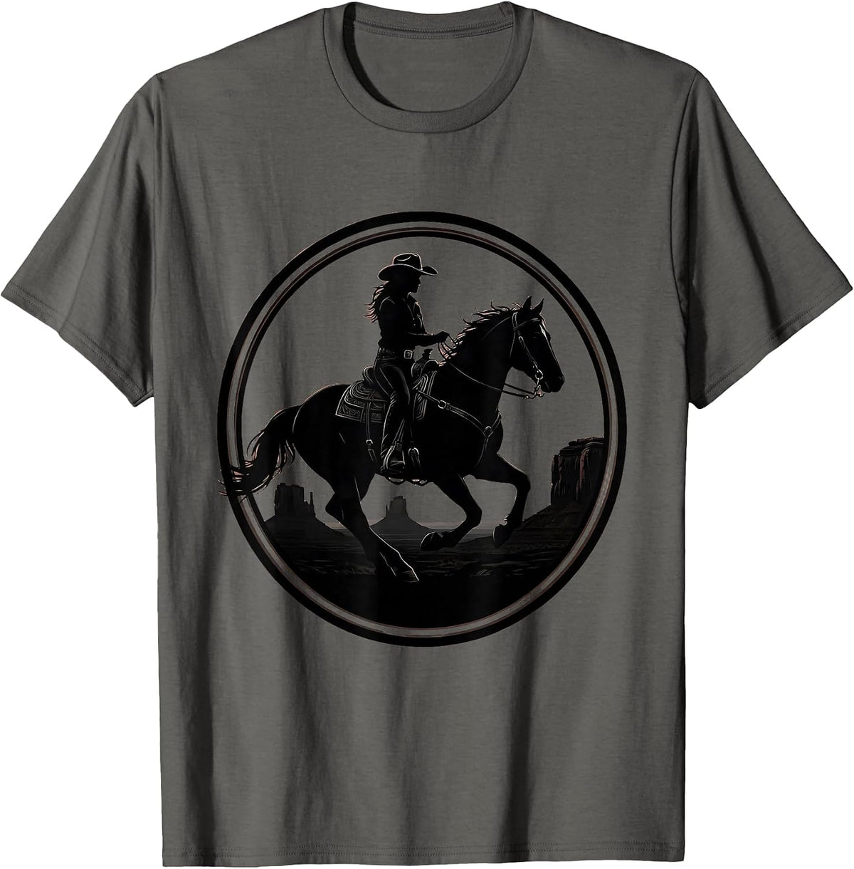 Western Cowgirl Horseback Rider Wide Brim Hat T-Shirt - Asphalt Grey
