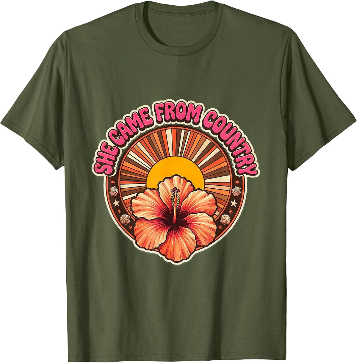 She Came From Country 90s Inspired Design T-Shirt - Olive Green