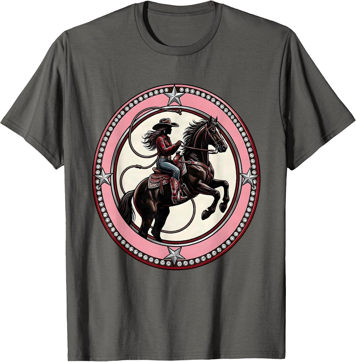 Men's Howdy Cowgirl Rearing Horse Western Riding Art T-Shirt - Asphalt Grey