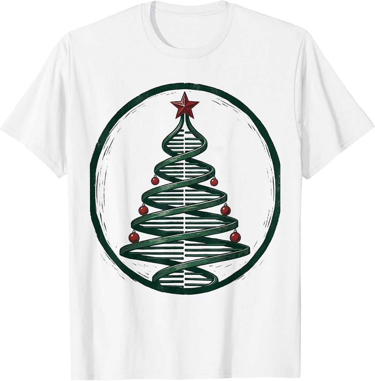 Men's DNA Helix Christmas Tree Linocut Science Teacher Humor T-Shirt - White