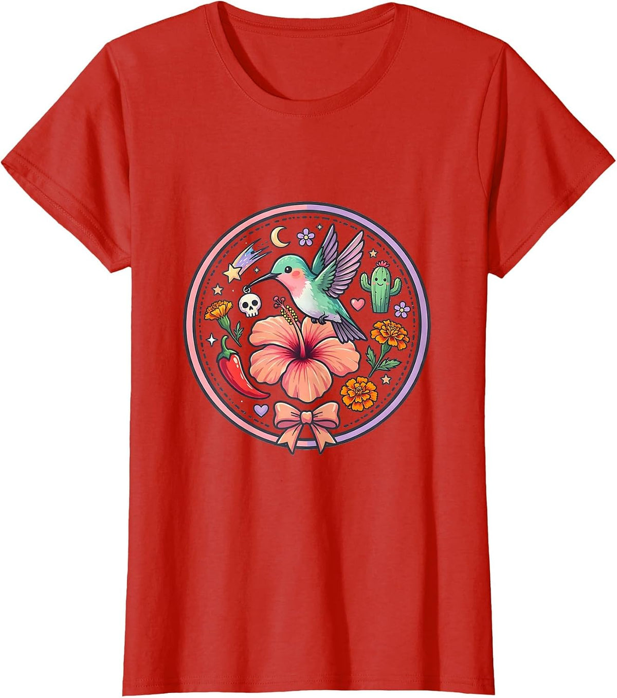 Mexican Hummingbird Hibiscus Floral Graphic Design T-Shirt - Red
