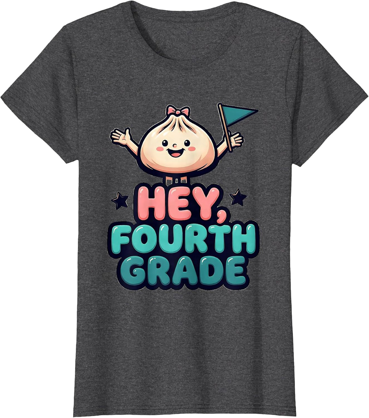 Women's Hey, Fourth Grade Cartoon Dumpling Girl Back to School T-Shirt - Dark Heather Grey