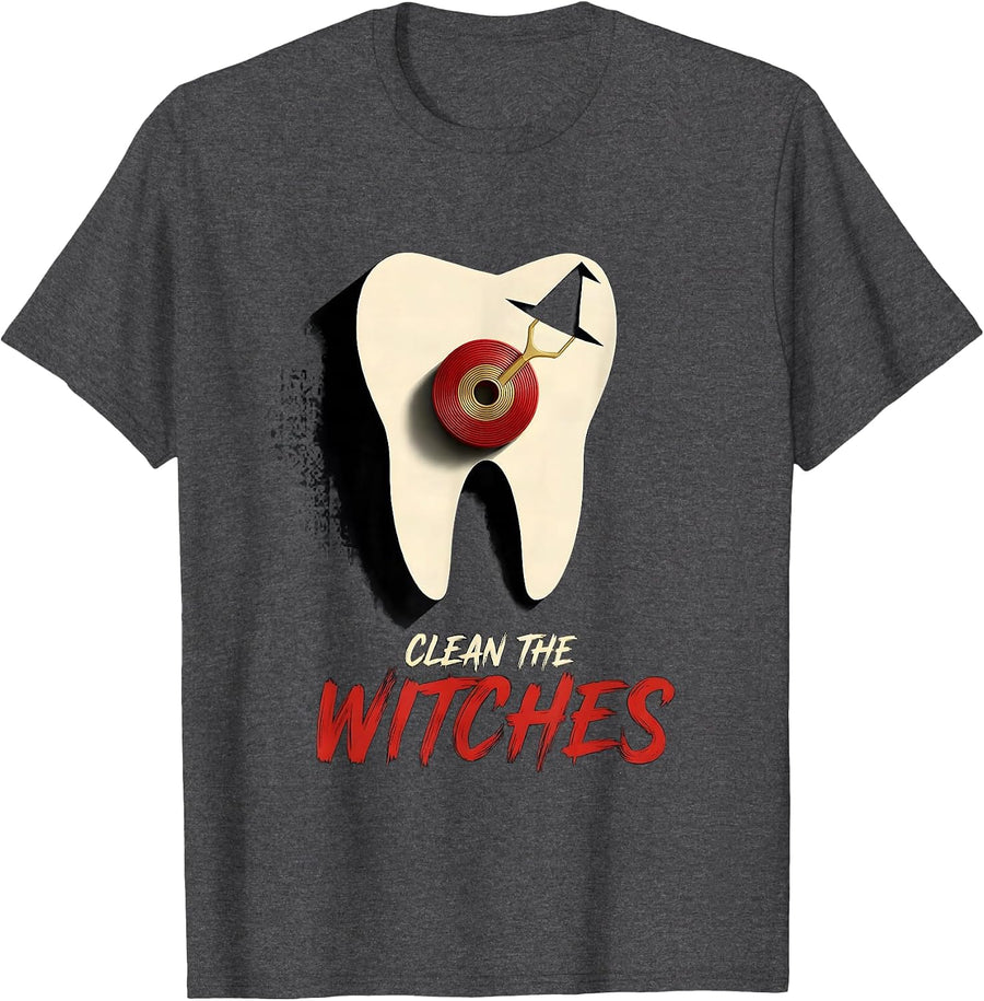 Men's Clean the Witches Funny Dentist Dental Hygienist Halloween T-Shirt - Dark Heather Grey