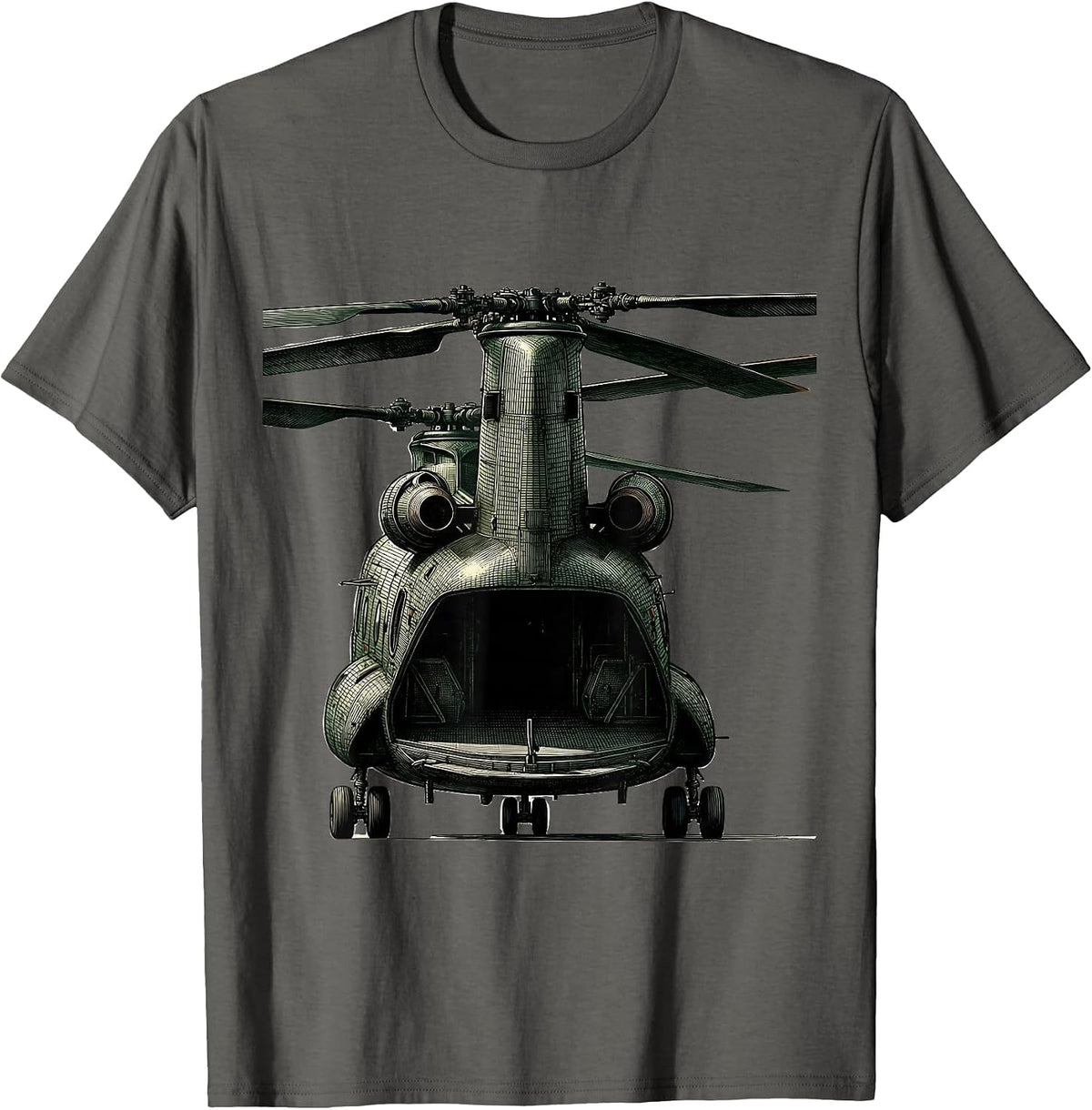 Men's CH-46 Sea Knight Crosshatch Etching Military Helicopter T-Shirt - Asphalt Grey