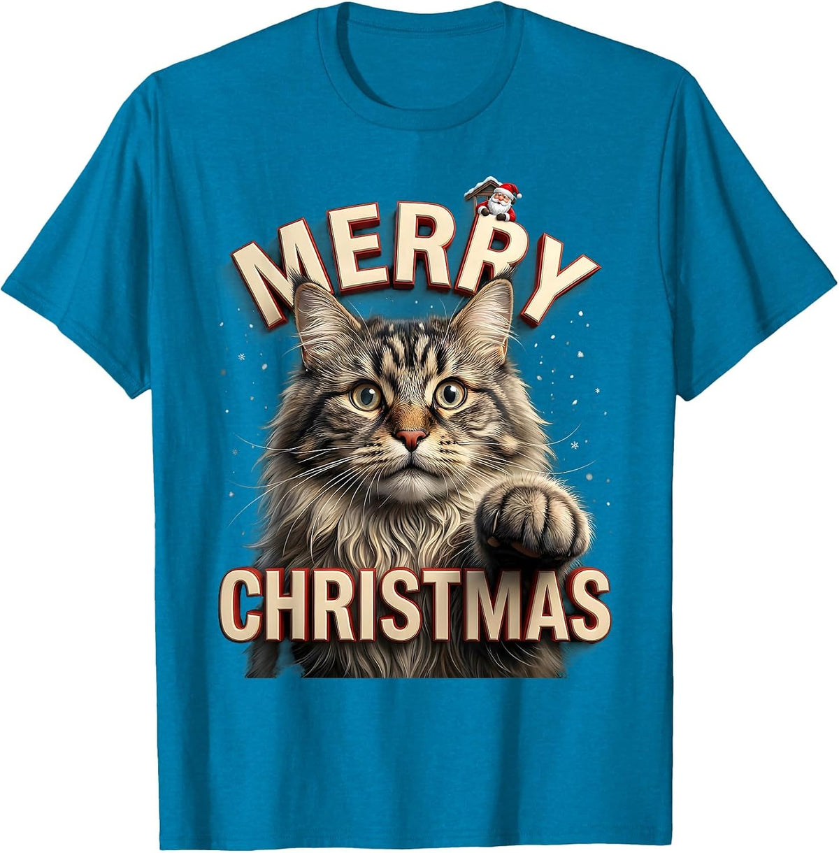 Merry Christmas Funny Cat Selfie With Santa Claus Christmas T-Shirt - Sapphire Blue