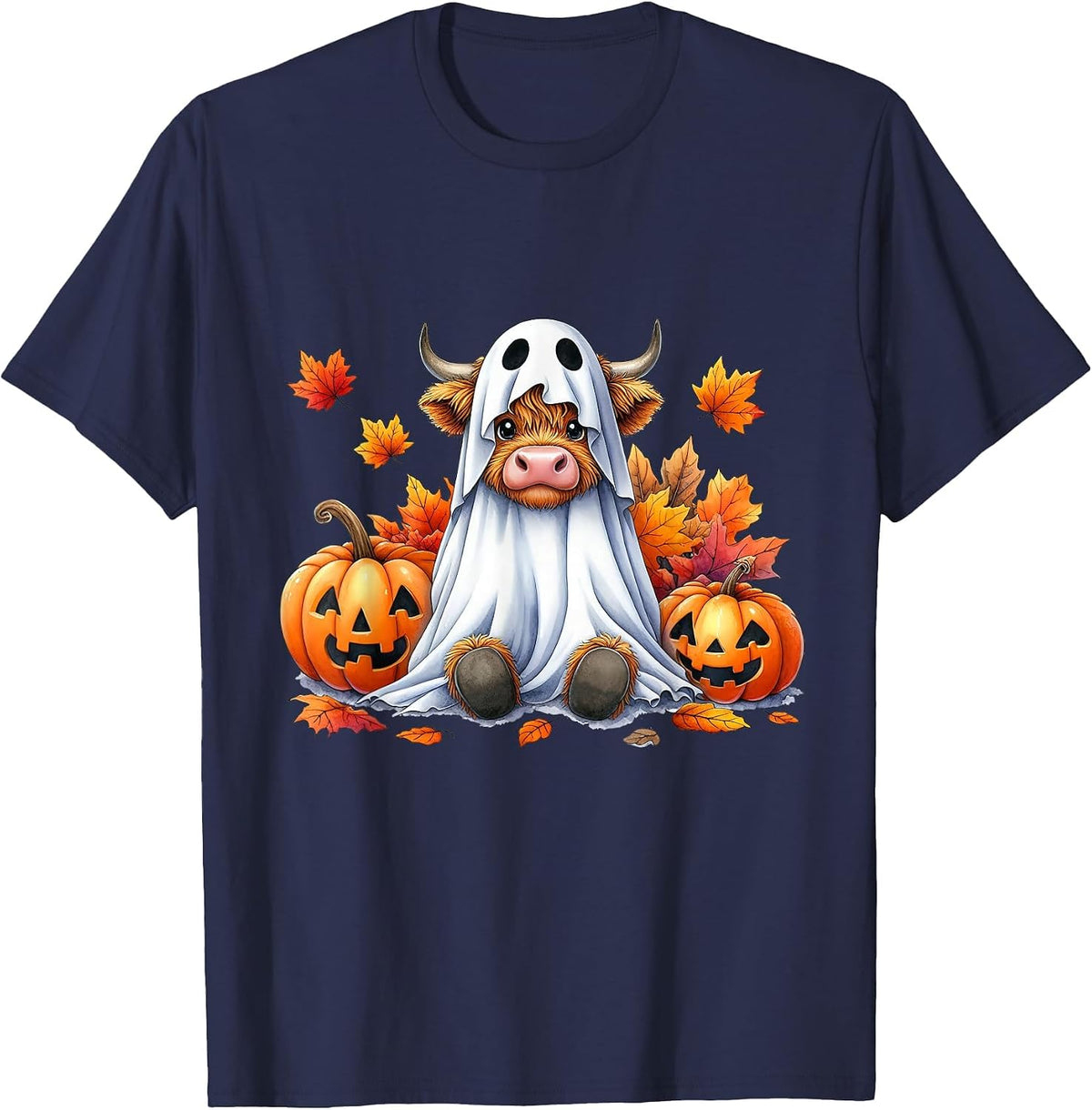 Funny Halloween Highland Cow Ghost Spooky Pumpkin Hello Fall T-Shirt - Navy Blue