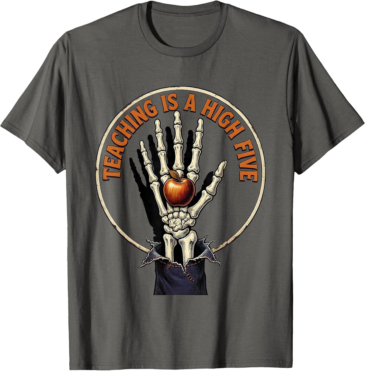Halloween Teacher High Five Skeleton Hand Design T-Shirt - Asphalt Grey