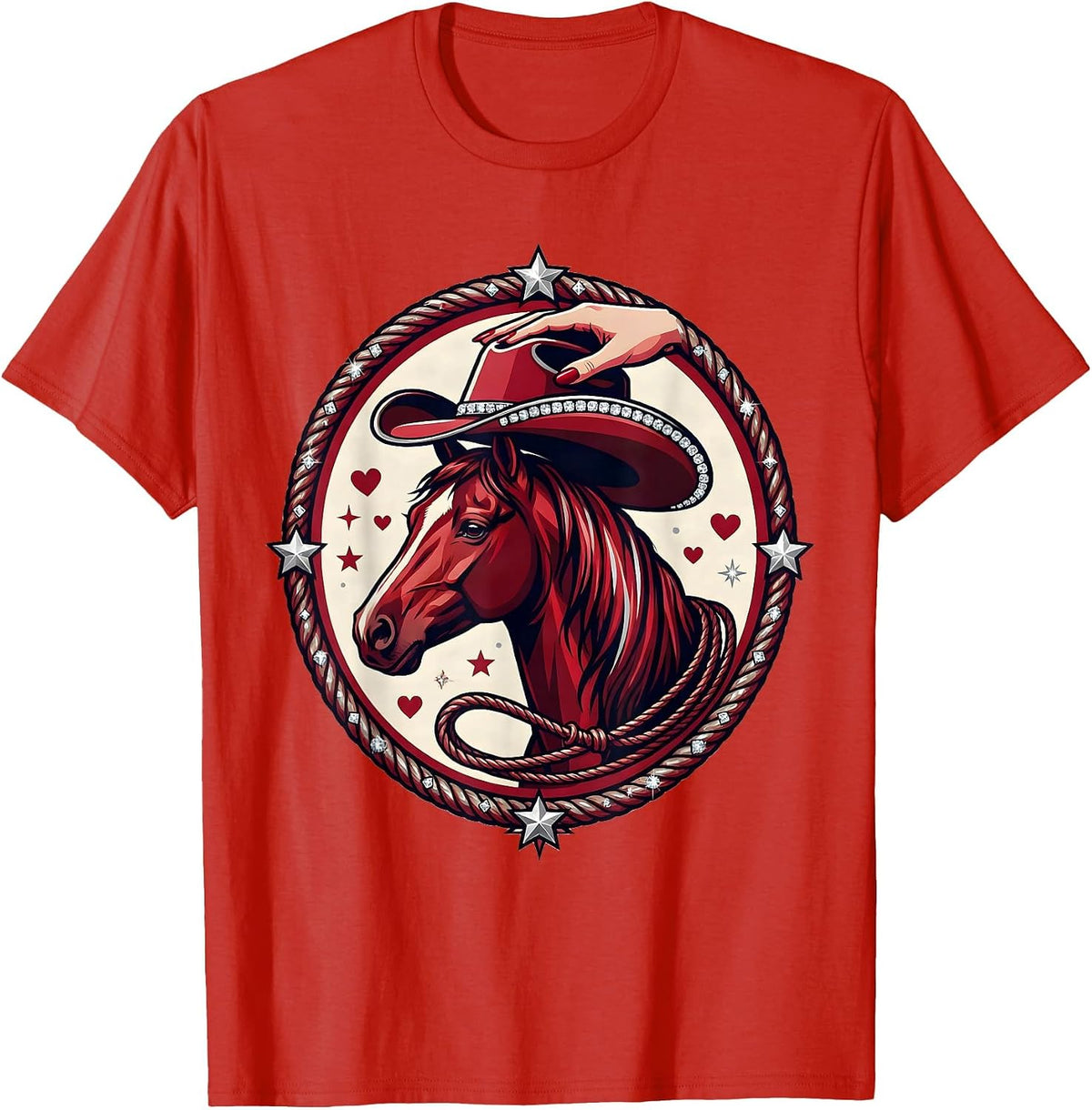 Men's Cowgirl Placing Hat on Horse Graphic Tee T-Shirt - Red