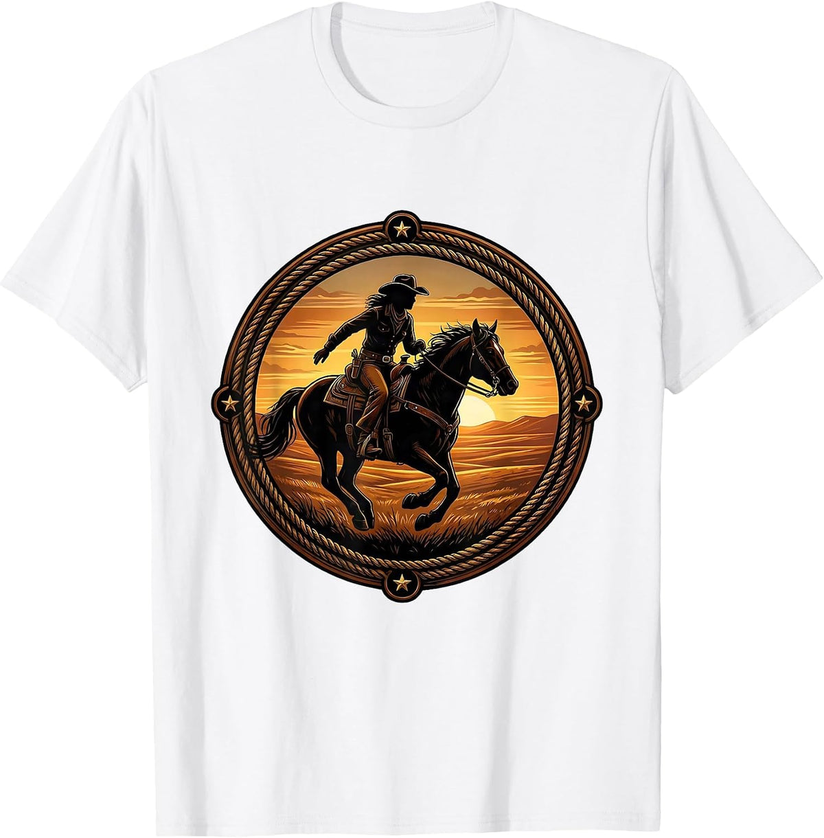 Men's Cowgirl Silhouette Riding Horse at Sunset T-Shirt - White