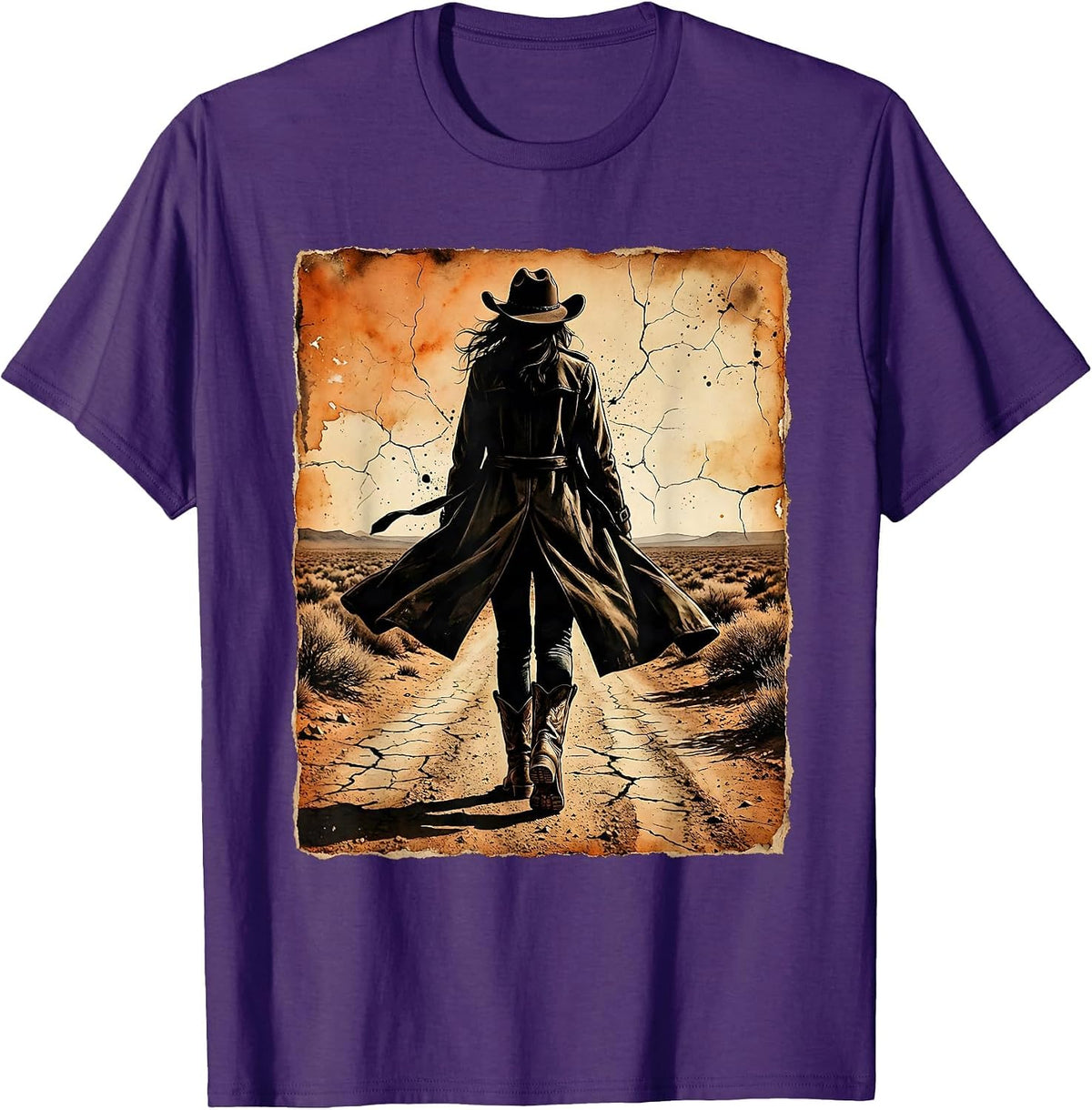 Cowboy Duster Coat Dusty Trail Walking Graphic T-Shirt - Purple