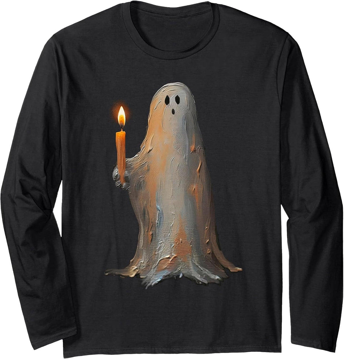 Halloween Ghost Holding Candle Spooky Long Sleeve T-Shirt - Adult Unisex Black