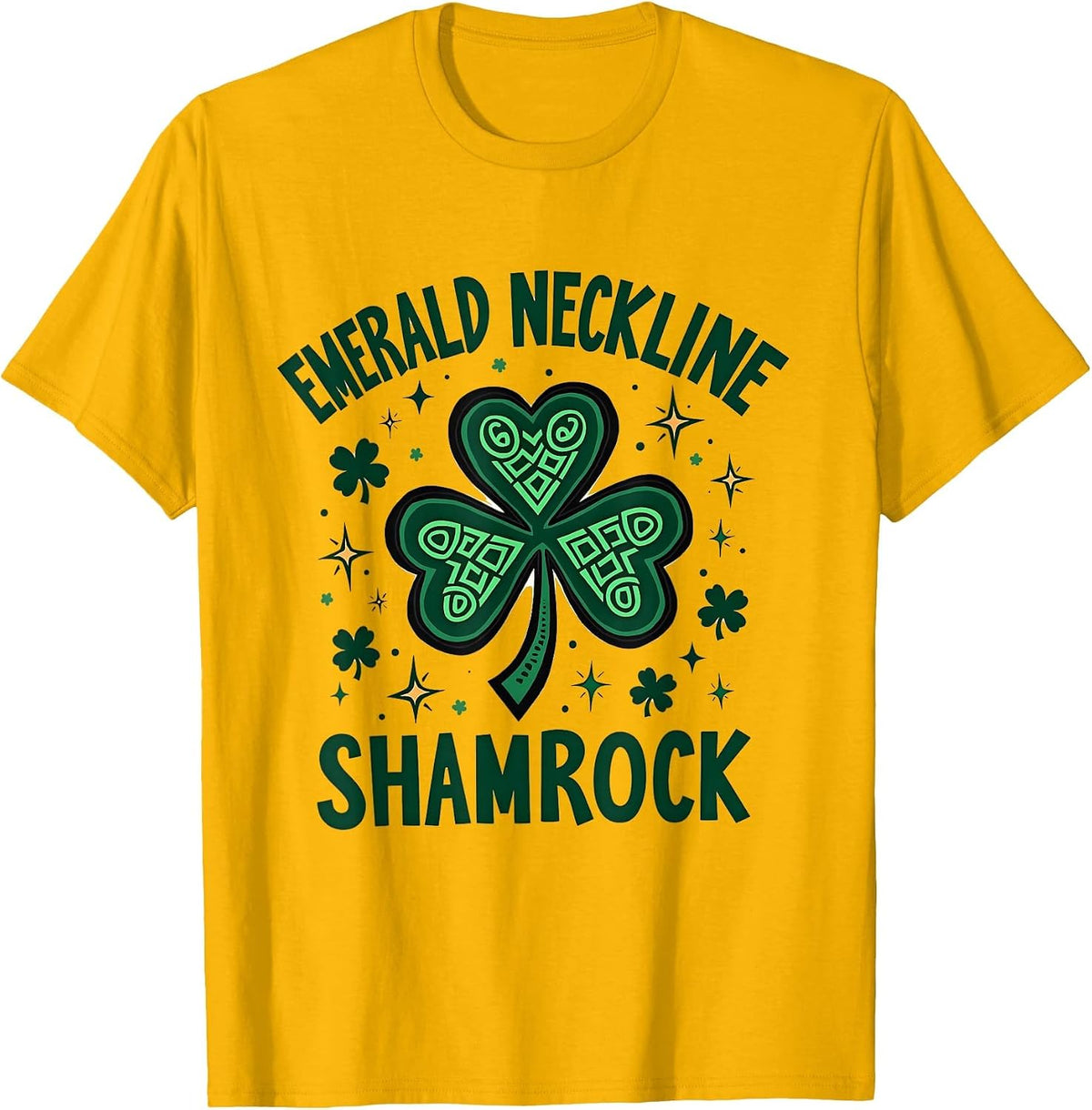 Emerald Neckline Shamrock St Patricks Day Design T-Shirt - Golden Yellow
