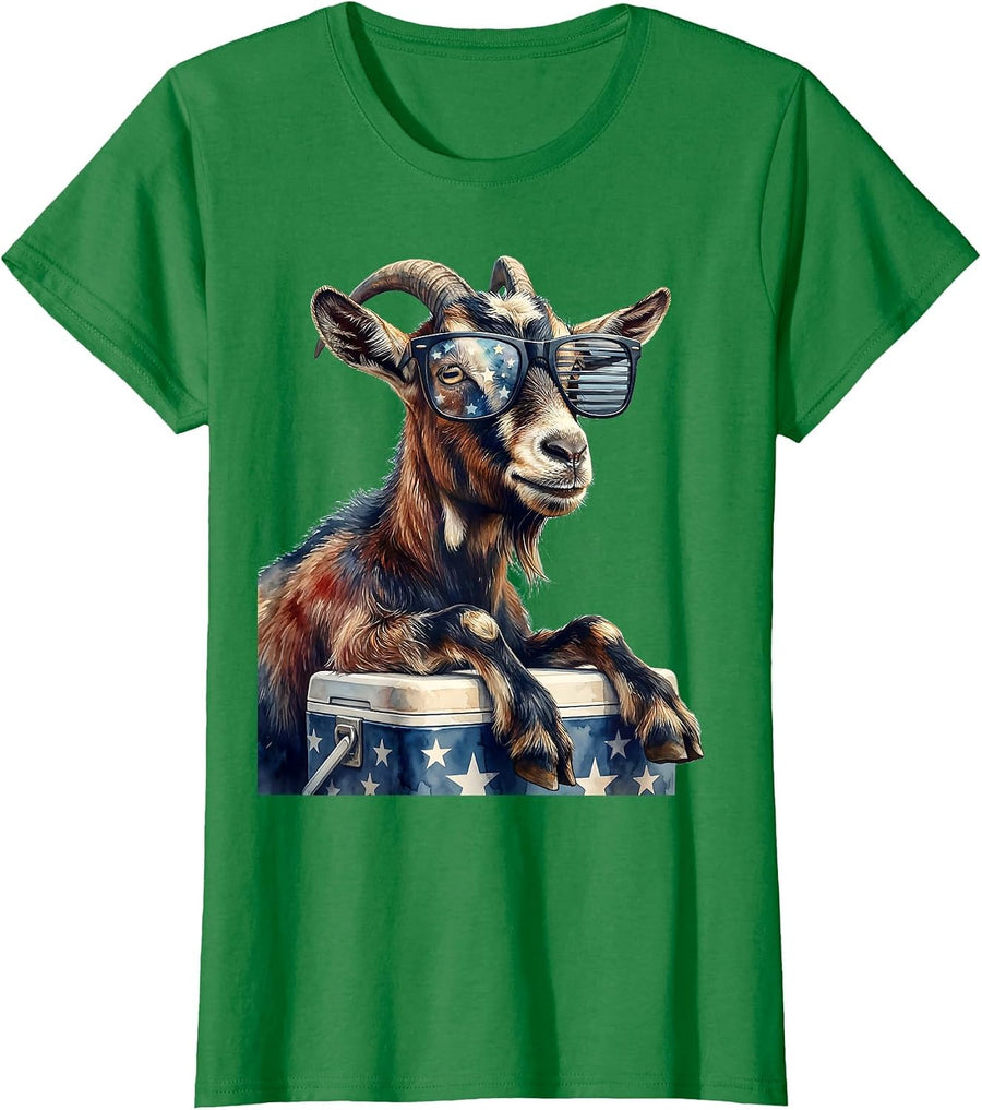 Women's Goat with Patriotic Sunglasses Animal Lover Humor T-Shirt - Kelly Green