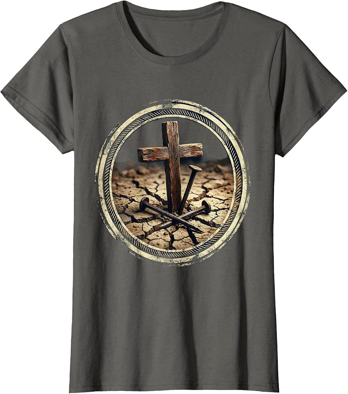 Women's Three Nails Cross Rising from Cracked Earth T-Shirt - Asphalt Grey