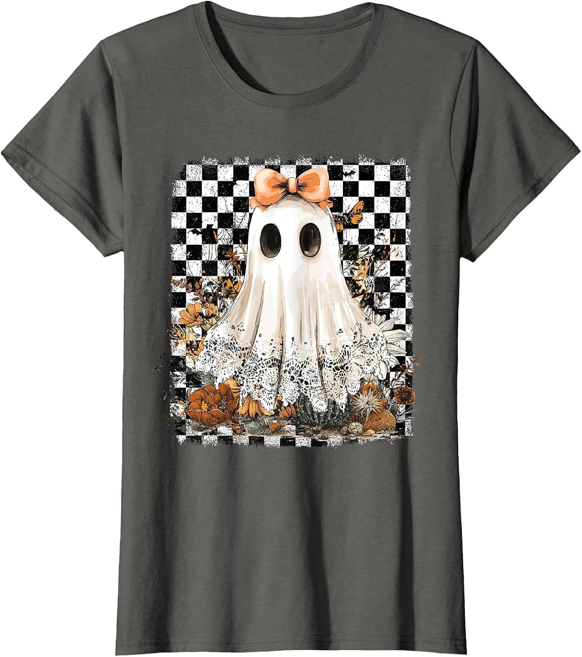Coquette Bow Ghost Spooky Season Halloween Checkered Retro T-Shirt - Asphalt Grey