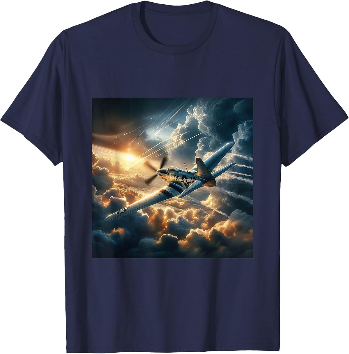 WWII Warbirds | P-51 Mustang in Dynamic Flight Cloudy Sky T-Shirt - Navy Blue