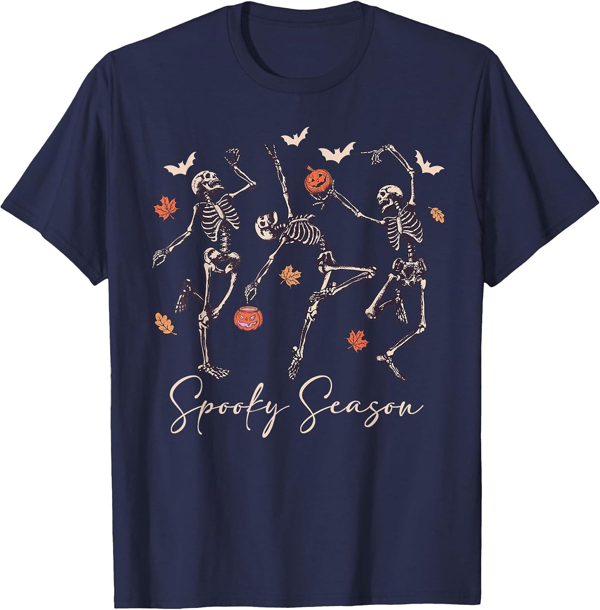Funny Dancing Skeleton Halloween Pumpkin Spooky Season T-Shirt - Navy Blue