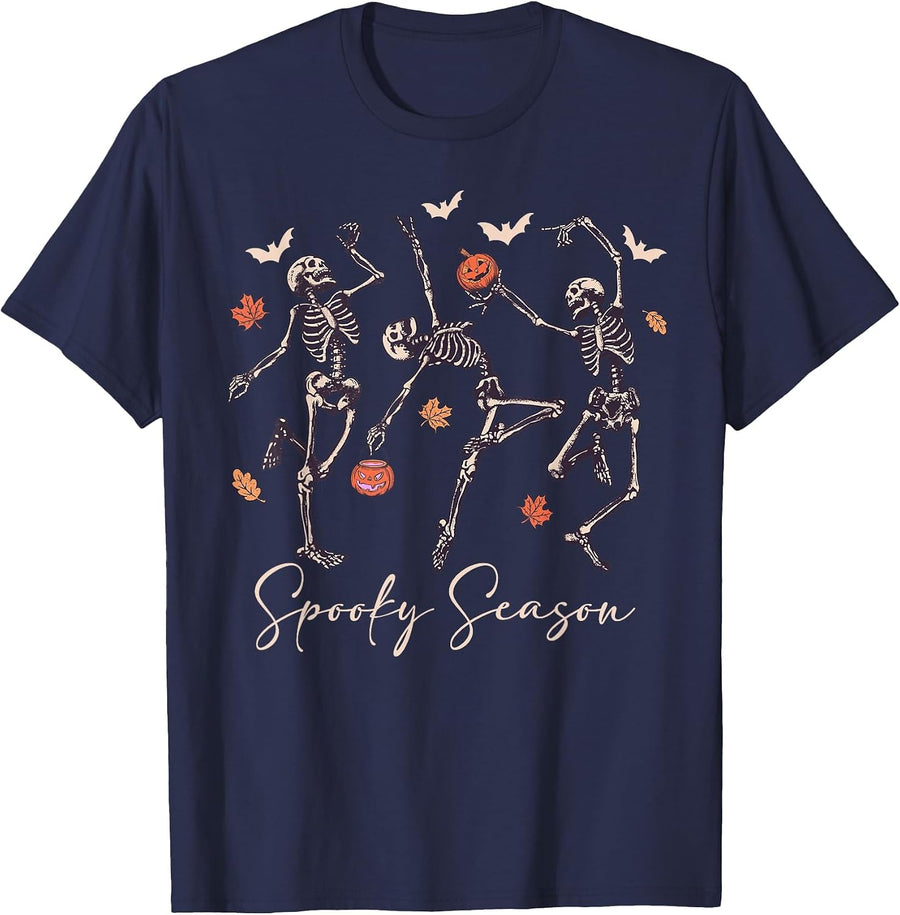 Funny Dancing Skeleton Halloween Pumpkin Spooky Season T-Shirt - Navy Blue