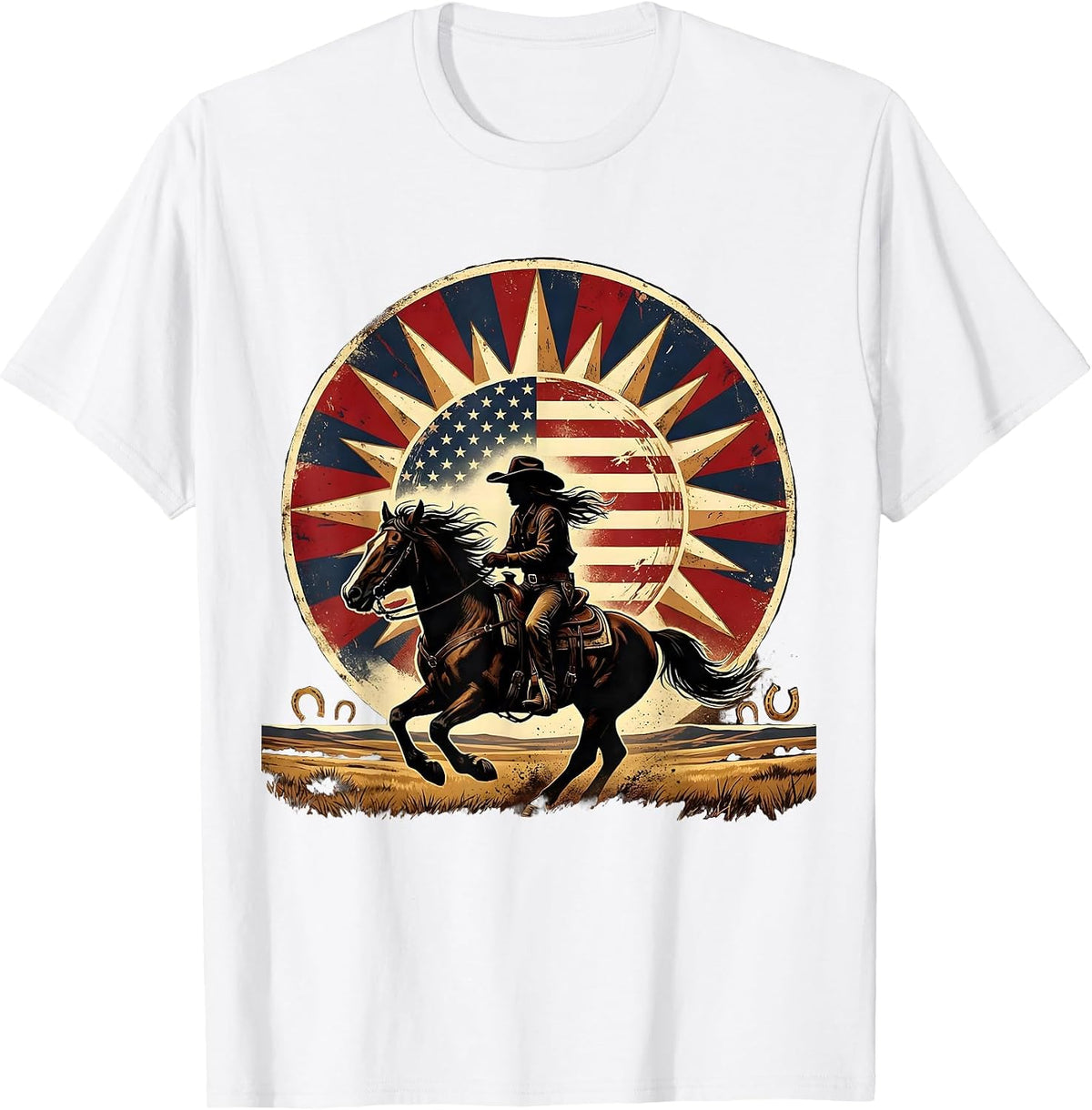 Men's Cowgirl Silhouette Horseback Sunset Graphic T-Shirt - White