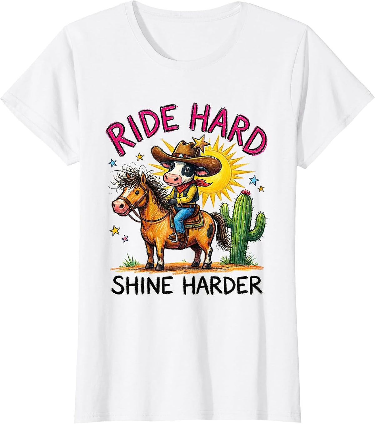Ride Hard Shine Harder Western Cowgirl Design T-Shirt - White