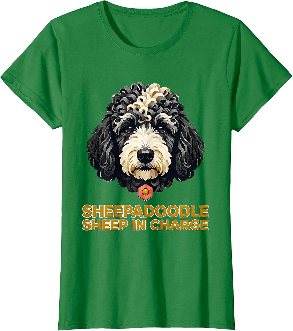 Sheepadoodle Sheep in Charge Midcentury Modern Doodle Dog T-Shirt - Kelly Green