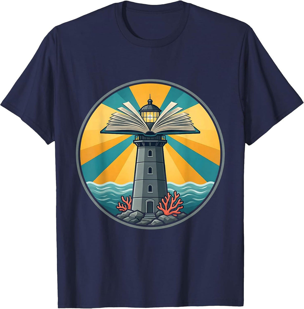 Reading Teacher Lighthouse Open Book Graphic T-Shirt - Navy Blue