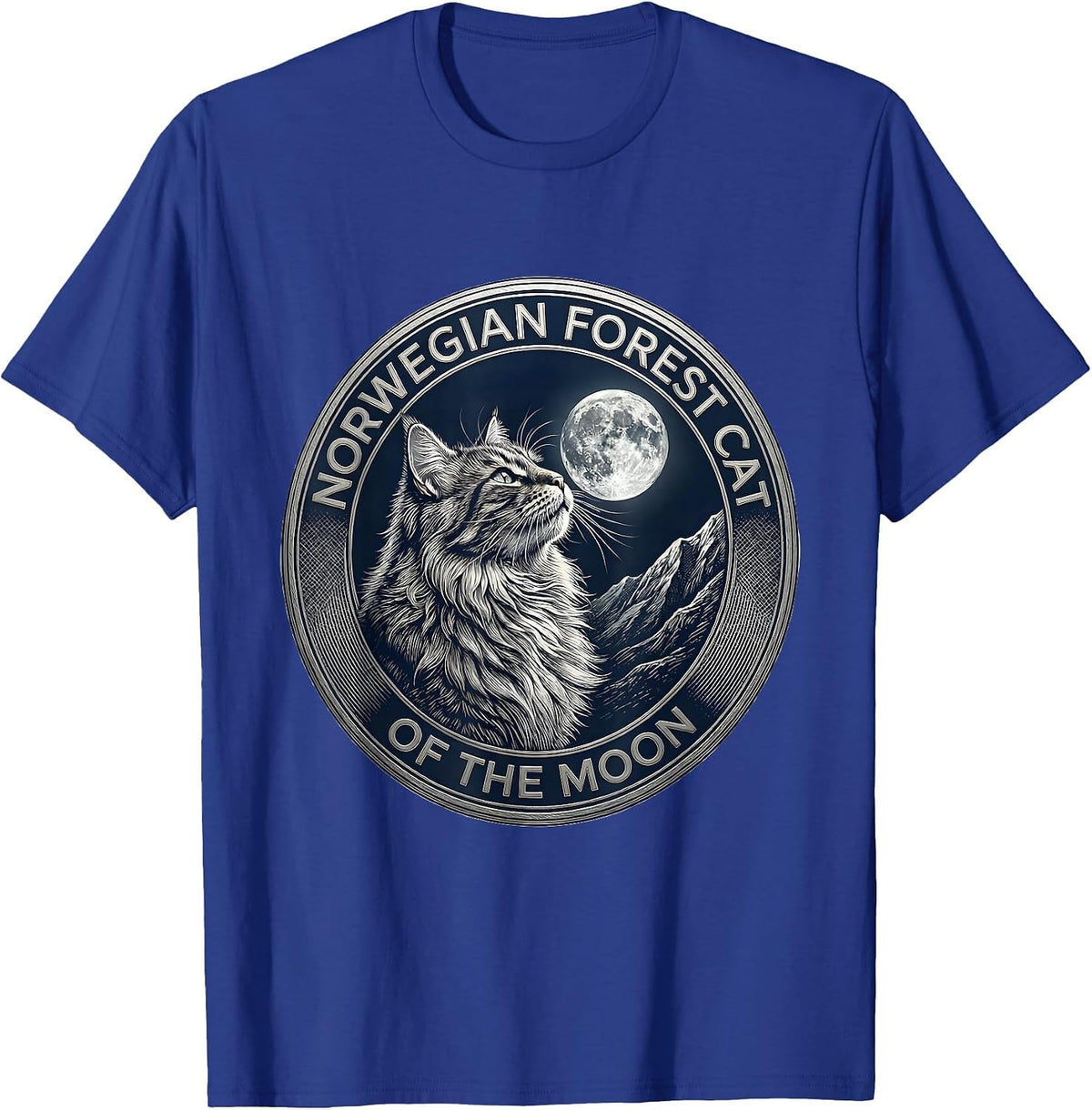 Norwegian Forest Cat Of The Moon Crosshatch Etching Retro T-Shirt - Royal Blue