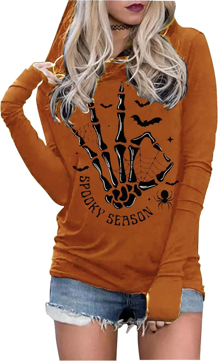 CHUNTIANRAN Women's Halloween Shirts Skull Silhouette Graphic Hoodie T Shirts Casual Loose Long Sleeve Pullover T Shirt -