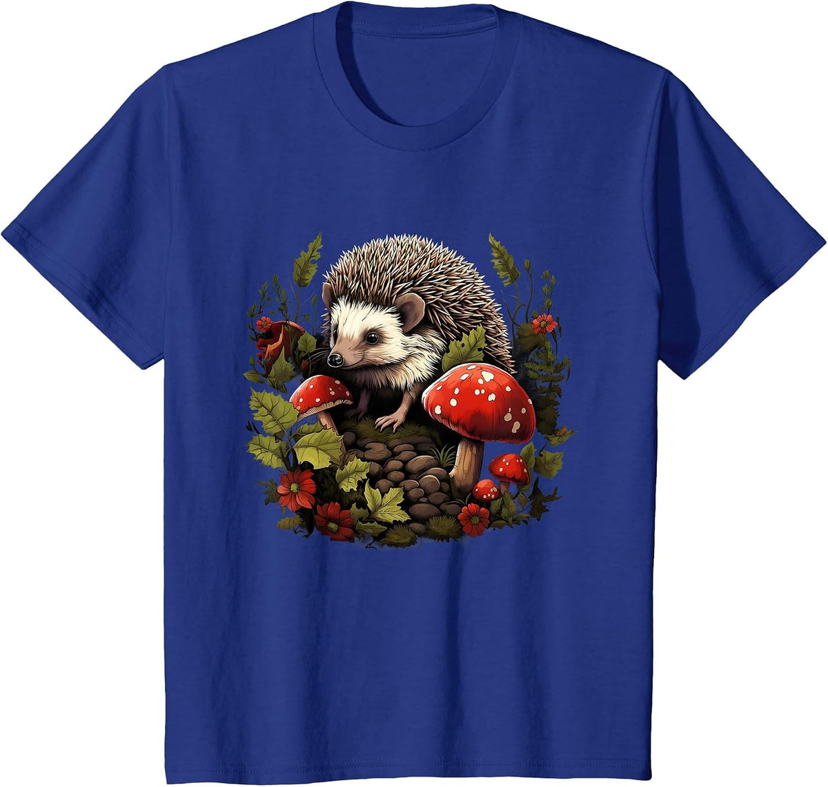 Hedgehog Landscape Animal Art Forest Wildlife Floral Artwork T-Shirt - Royal Blue