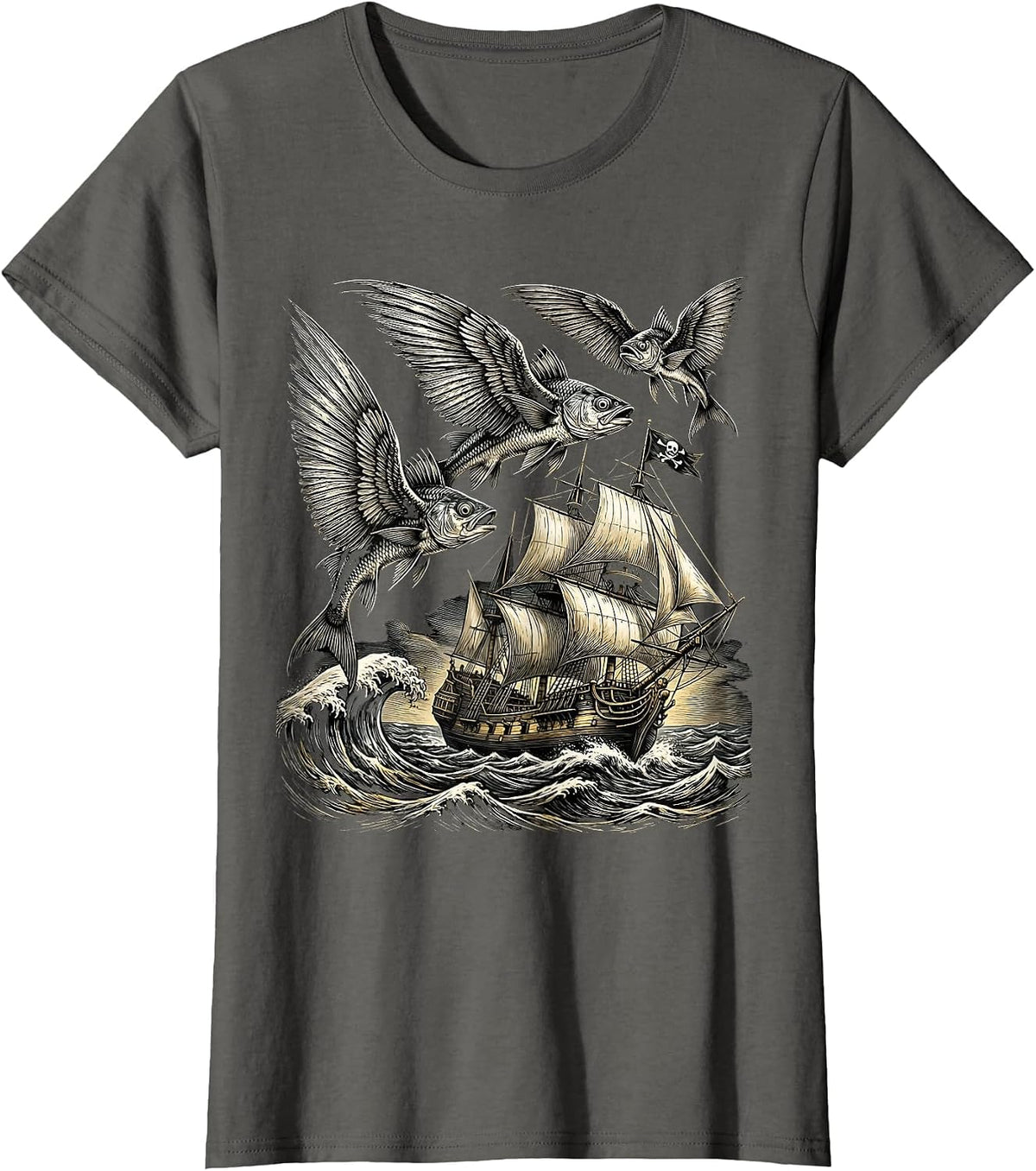 Women's Flying Fish Leaping Over Pirate Ship Graphic T-Shirt - Asphalt Grey