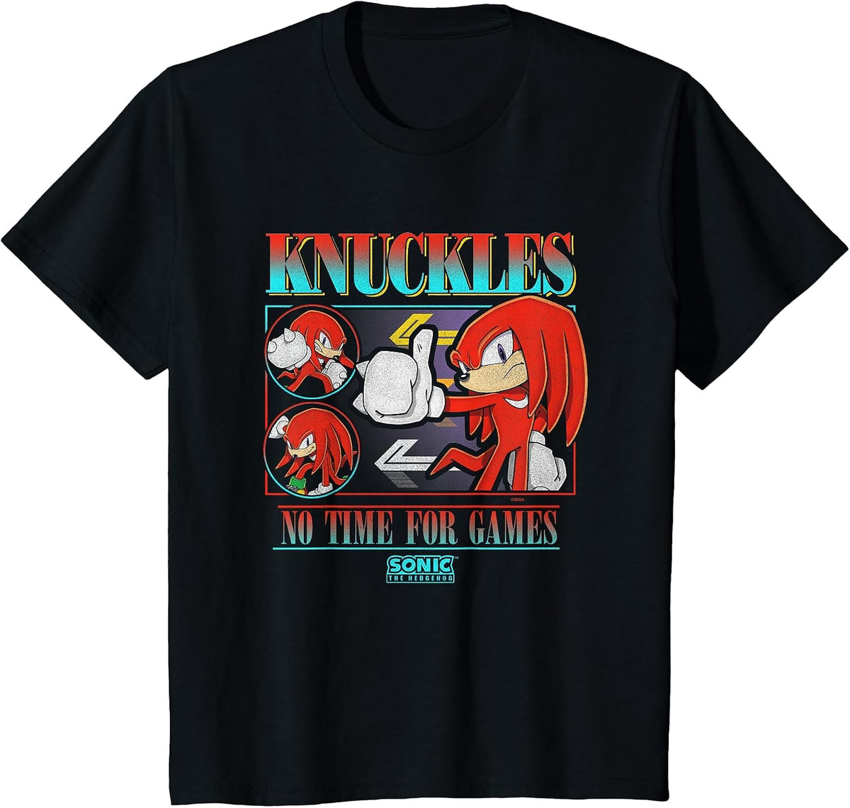 Sonic The Hedgehog Knuckles No Time for Games Vintage T-Shirt - Black